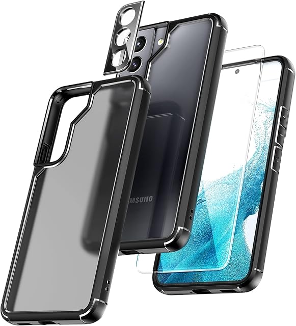 TOCOL 5 in 1 for Samsung Galaxy S22 Case 6.1 Inch, with 2 Pack Screen Protector + 2 Pack Camera Lens Protector, Translucent Matte Back [Military Grade Protection] Shockproof Slim for S22 Case, Black