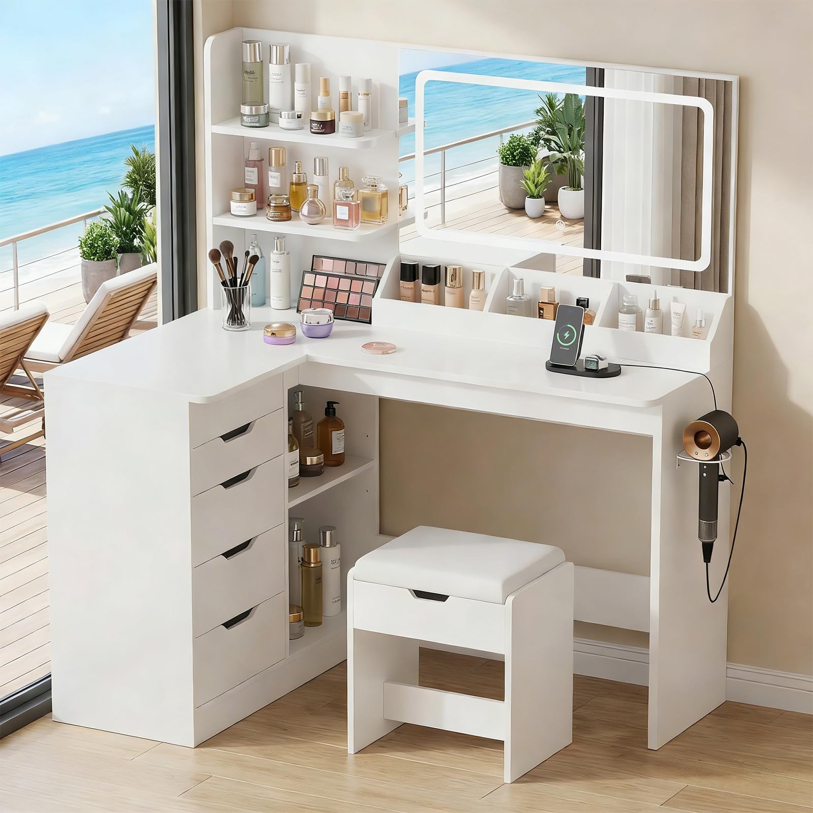 TRIUMPHKEY Tocador de Esquina con Espejo, Mesa de Maquillaje con Luces LED Brillo Ajustable con Enchufes, Soporte para Secador, 5 Cajones, Estante Abierto, Armario Lateral, Moderno, Blanco