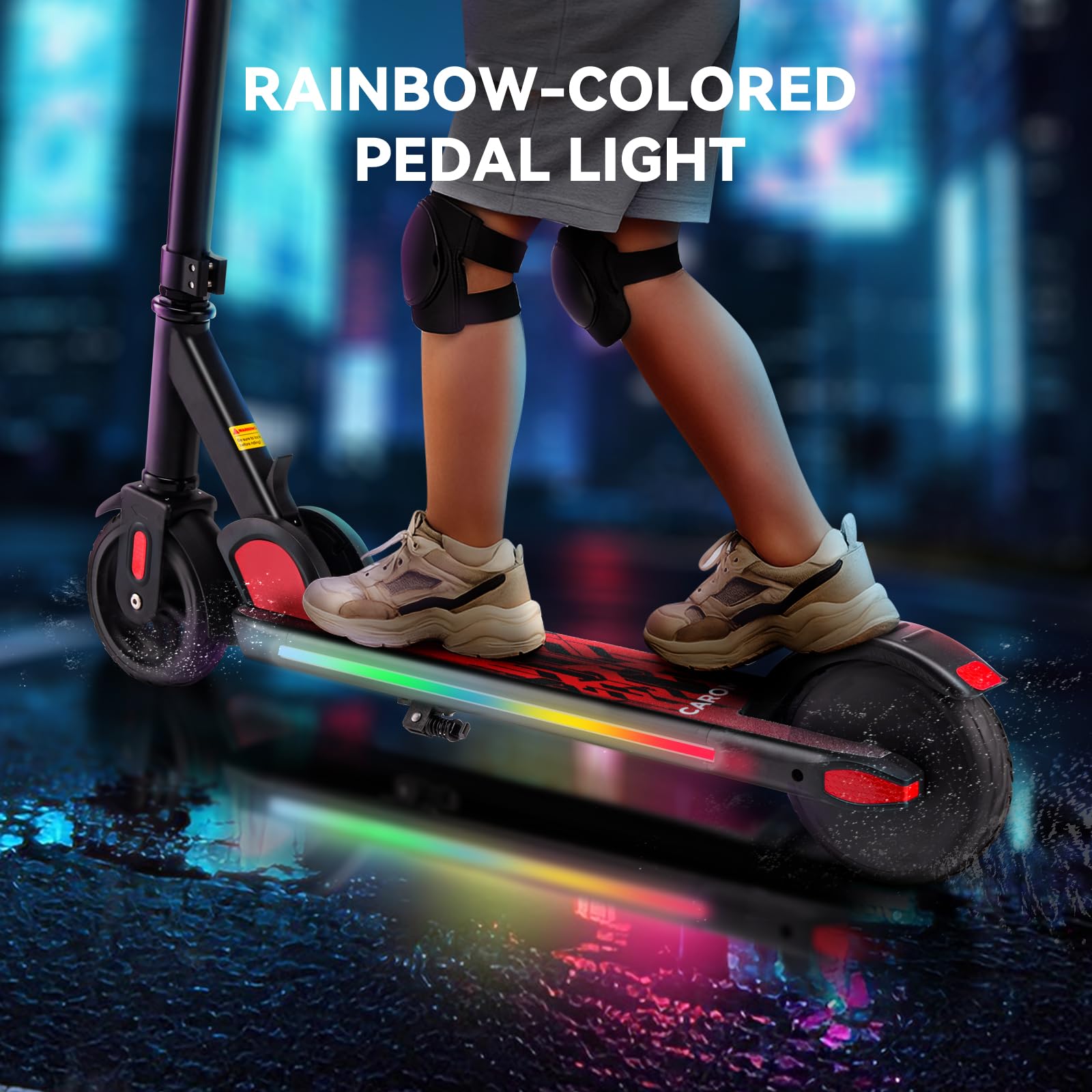 Caroma Patinete eléctrico para niños de 6 a 12 años, Motor de 150 W | 16 km/h, 12 km de alcance E Scooter, Scooter E plegable con luces coloridas y pantalla LED, velocidad y altura ajustables