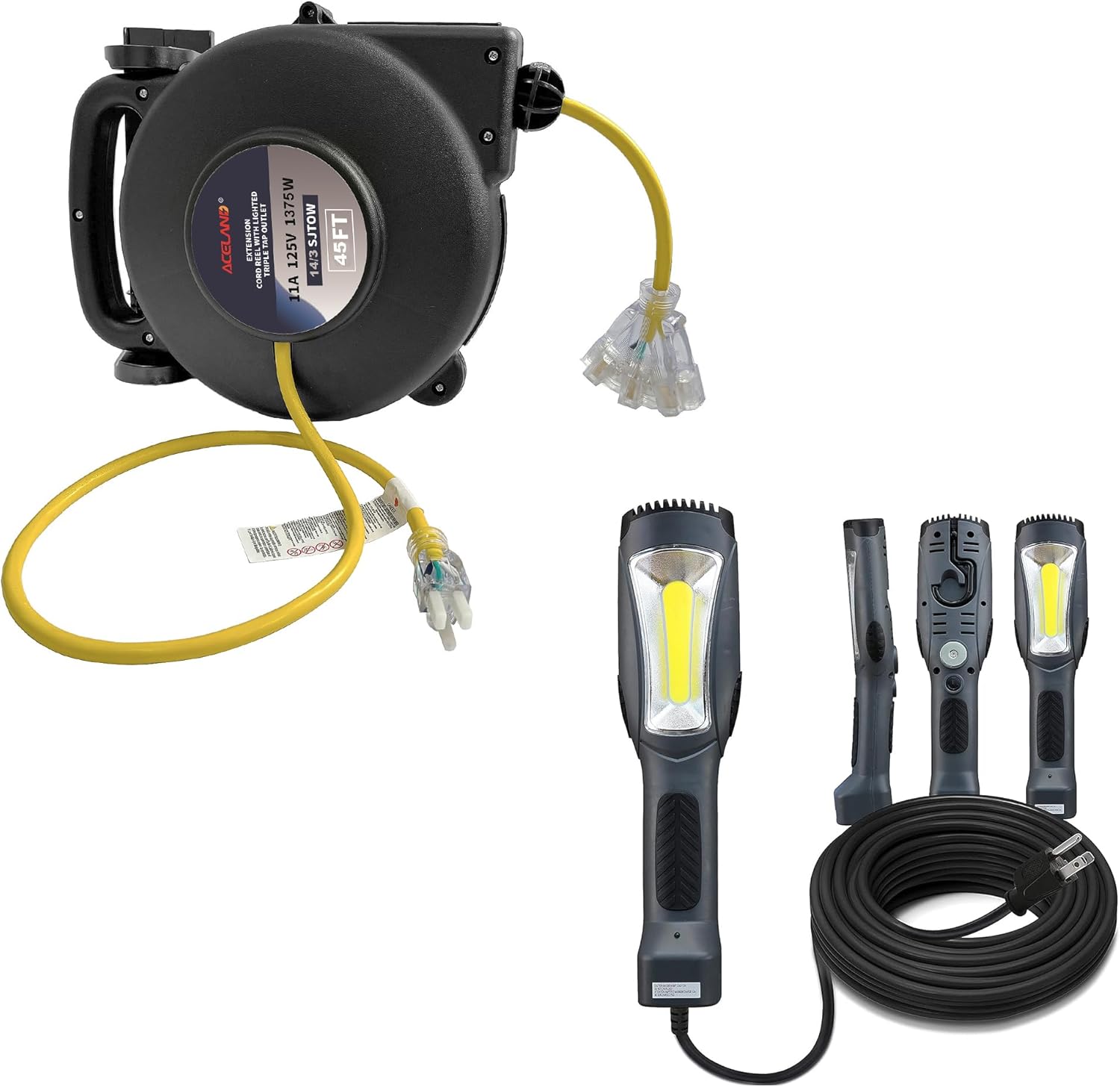 14 Gauge 45 FT SJTOW Retractable Extension Cord, Heavy Duty Power Cord, 11 Amp 125V 1375W with 1600 Lumen 15ft 116AWG 3C SJTW Cord Handheld Outdoor Work Light for Garage, Workshop, Car Repair Scene