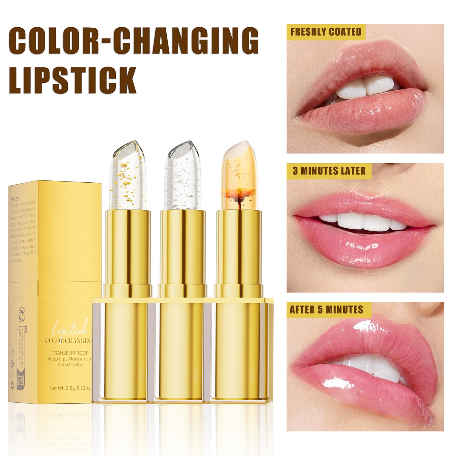 3 pièces Crystal Flower Jelly Lip Stick Set, rouge à lèvres floral clair, Magic Temperature Color Changing Lip Gloss Long Lasting Clear Nourishing Hydratant Baume à lèvres (# 1 + # 2 + # 3)