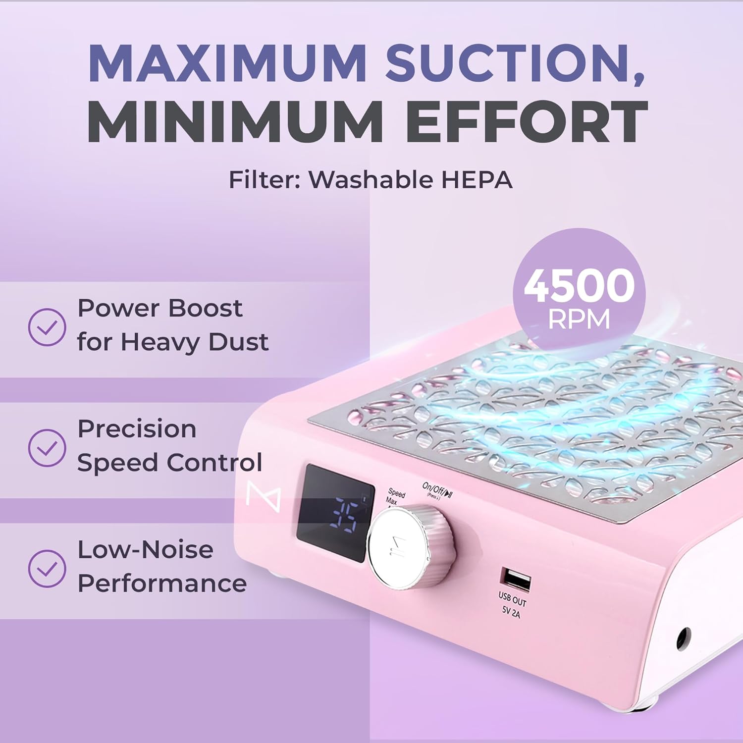 M - DustPro Cordless Rechargeable Nail Dust Collector | 45K RPM Powerful Suction | Ultra-Quiet Brushless Nail Vacuum with Reusable Filter | Professional & Home Salon Use (Pink)