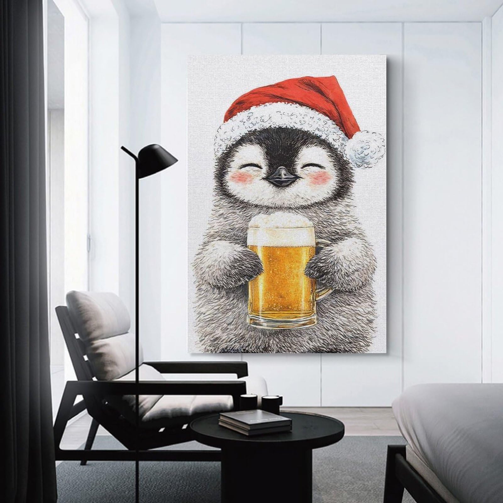 Junmoney Cute Penguin with Santa Hat And Beer Wall Picture Print, 24x36inch(60x90cm), for Workspace Walls, Study Corners Or Bedrooms, Wall Art That Adds Style to Work Areas