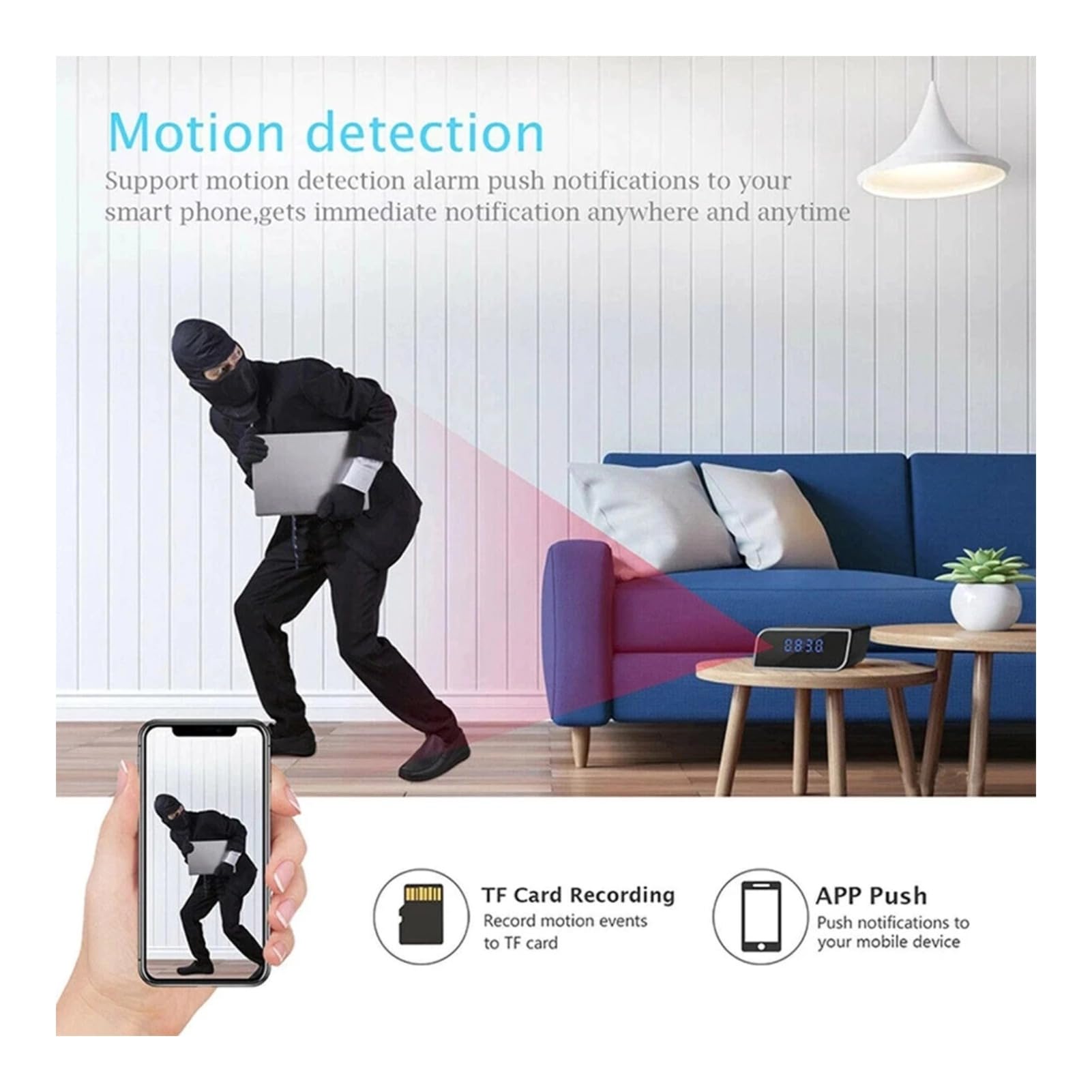 Caméra Horloge de sécurité 4K HD WiFi, Mini caméra Horloge avec détection de Mouvement, Vision Nocturne et contrôle Via Application pour la sécurité de Votre Domicile