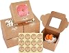 ASelected 50 Pcs Cupcake Boxes 4 x 4 x 2.5 inch Small Bakery Pastry Cake Boxes with Windows Individual Paper Boxes With 5 Stickers for Cookies Muffins Cupcakes Desserts Pies Brown