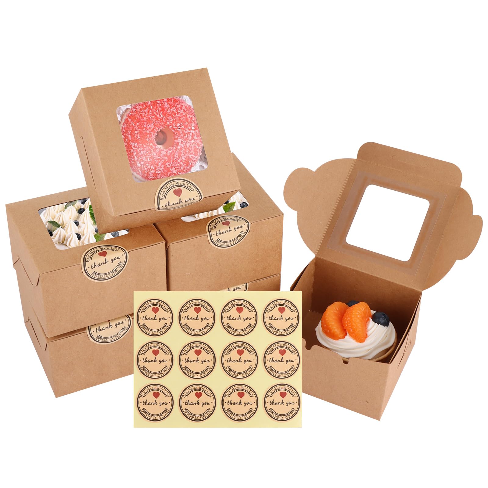ASelected 50 Pcs Cupcake Boxes 4 x 4 x 2.5 inch Small Bakery Pastry Cake Boxes with Windows Individual Paper Boxes with 5 Stickers for Cookies Muffins Cupcakes Desserts Pies (Brown)