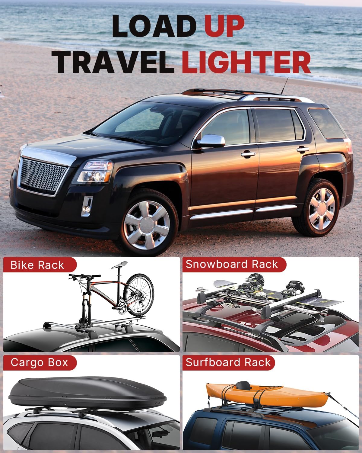 Richeer Roof Rack Cross Bars Compatible for 2010-2017 Equinox/Terrain with Side Rails,Heavy Duty Aluminum Cargo Racks Rooftop Luggage Carrier Canoe Kayak Bicycle roof Bag