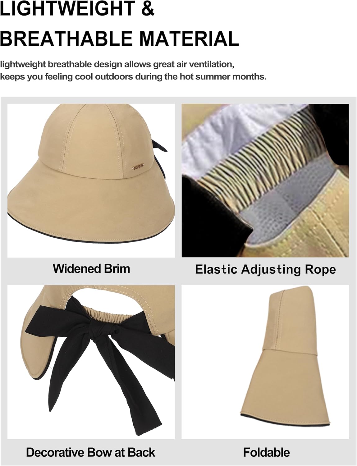 Sun Hat for Women Wide Brim Bucket Hats with Bow Ponytail Hole UV Protection Beach Cap for Summer UPF 50+ - Image 4