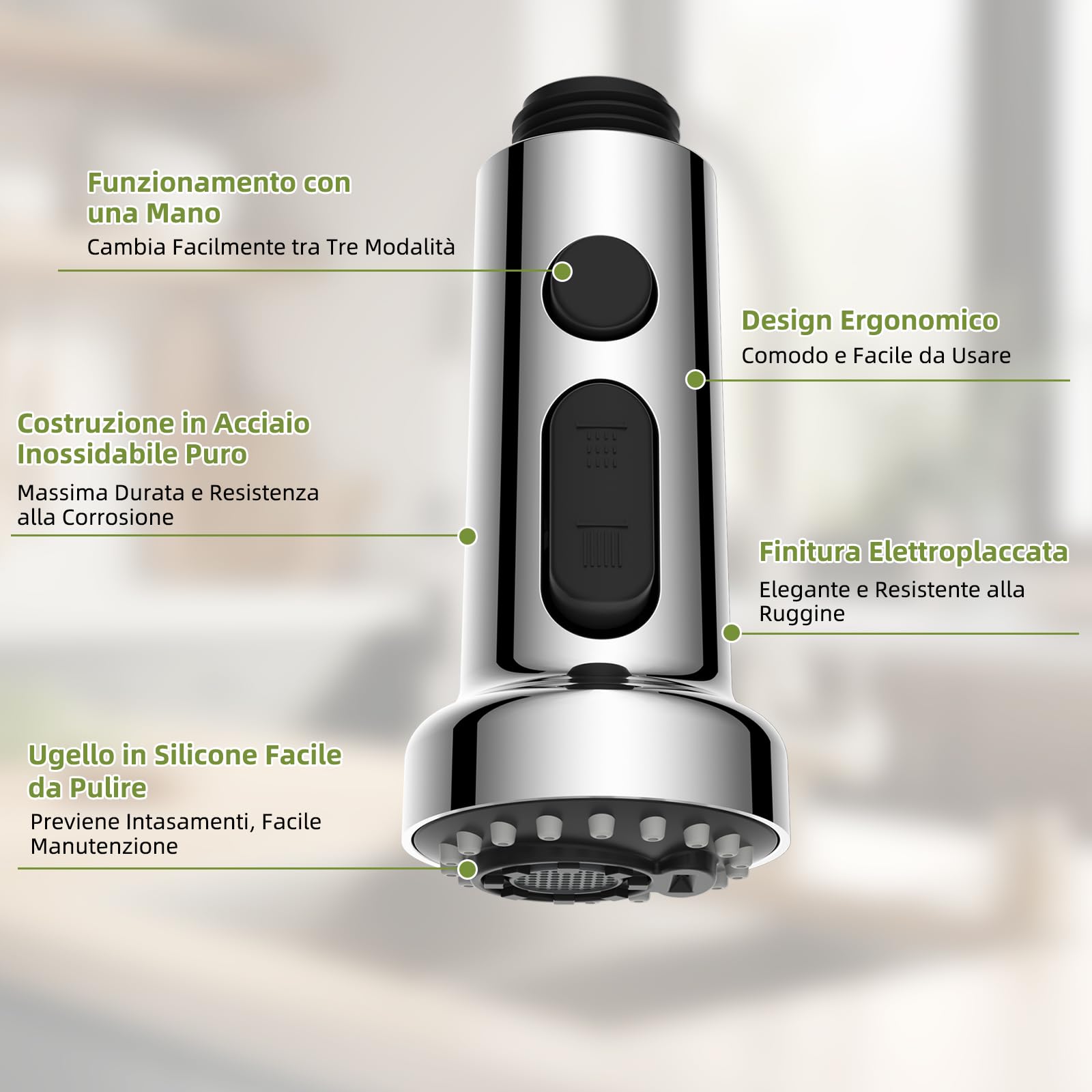 Hibbent 3 Funzioni Rubinetto Doccetta Estraibile in Acciaio Inossidabile Puro, Testina di Ricambio per Lavello Cucina Universale G1/2, Rubinetto Multifunzione a 360° Girevole, Cromo.
