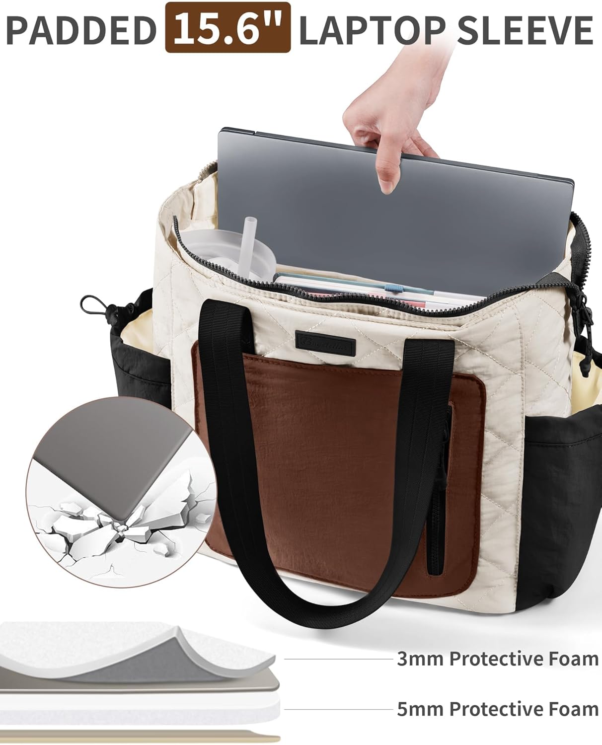 Puffer Tote Bag for Women, Lightweight Puffy Work Laptop Handbag Teacher Nurse Quilted School Daily Travel Gym Bag | Durable, with Zipper, 15.6" Laptop Sleeve, Large Tumbler Holder, Daily Carry On Bags, Comfy College Bags, Portable, Spacious - Image 8