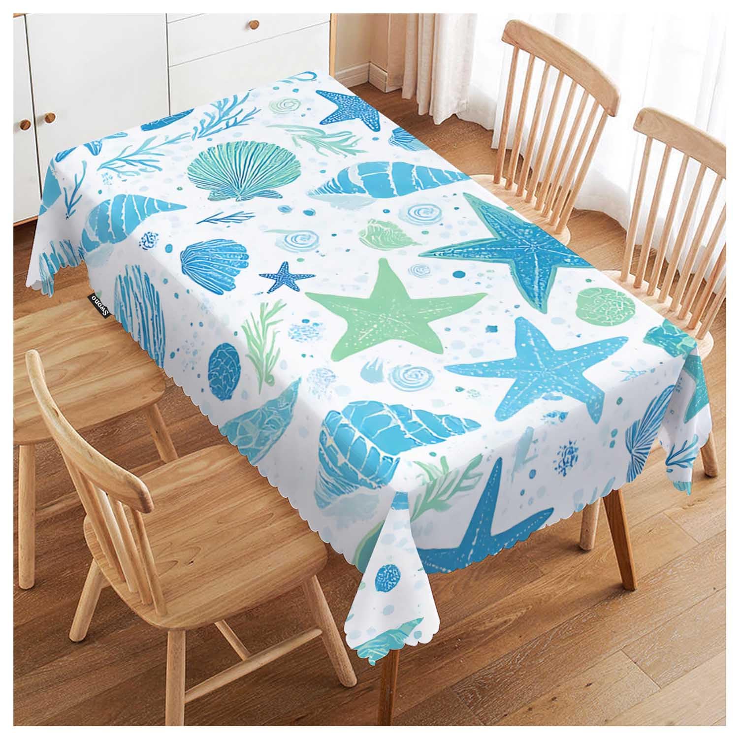 FJQWKLF Seashells Blue Rectangular Tablecloth Summer Ocean Shellfish Starfish Washable Table Cloth Kitchen Dining Room Table Cover for Party Dinner 50x72 Inch Tablecloths