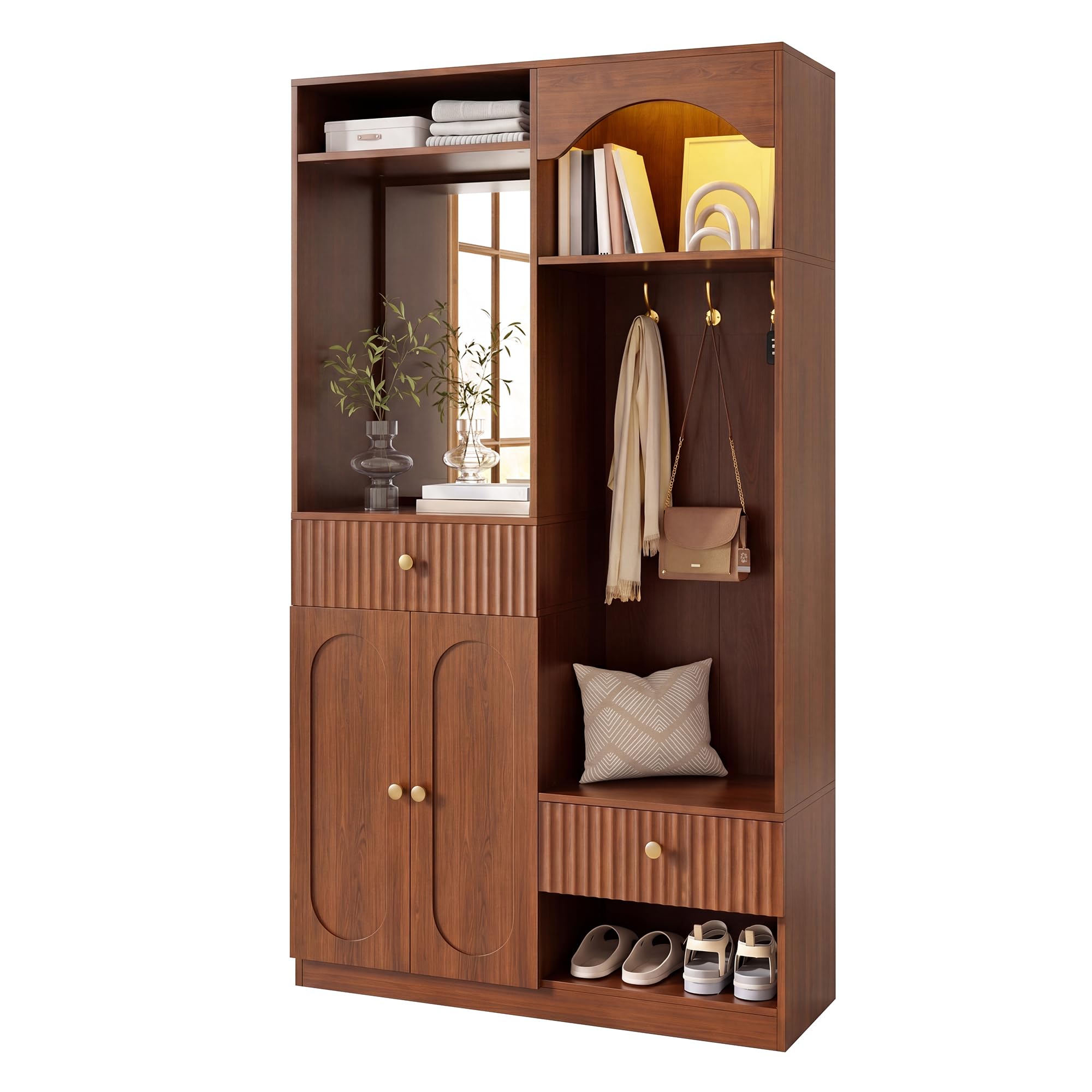 Mueble de entrada de MDF que soluciona la falta de espacio en el pasillo con banco y espejo
