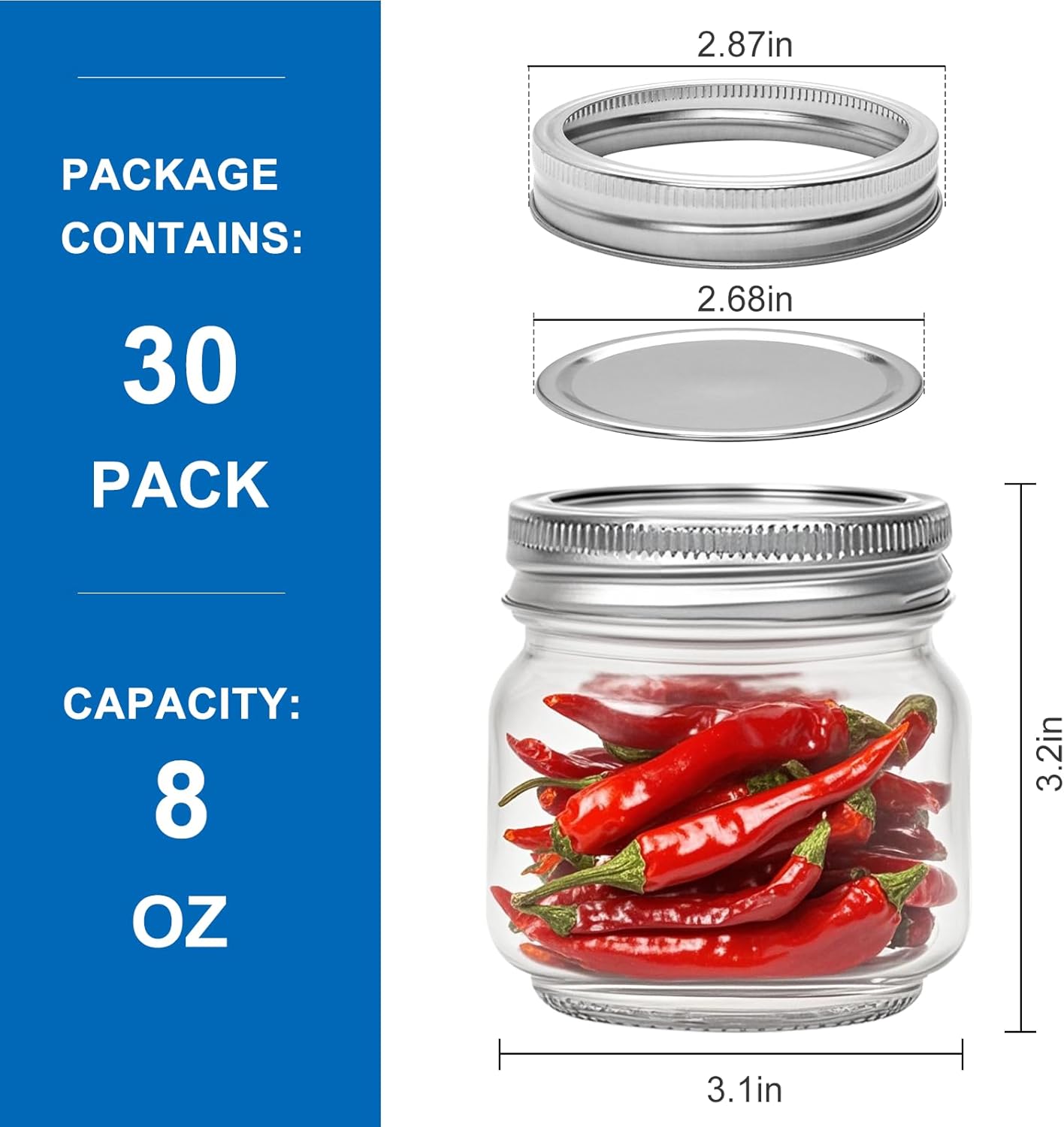 8 oz Mason Jars 30 Pack，Small Glass Containers with Lids，8oz Mason Jars with Lids,Canning Jars,The set includes 1 wooden spoons, 8 stickers, and a purple pen，Ideal for jams, spices, candy - Image 2