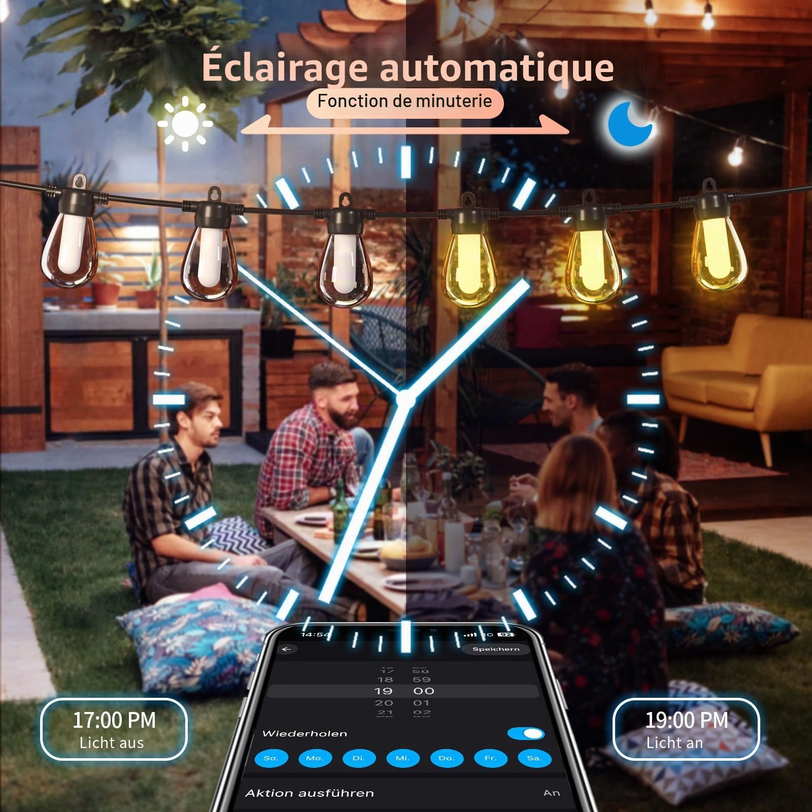 Guirlande lumineuse de 15 m pour l'extérieur/l'intérieur, réglable, RGB, plus de 1000 modes pour les fêtes, terrasses, brasseries en plein air, pavillons, balcons, jardins, Halloween, Noël (APP)