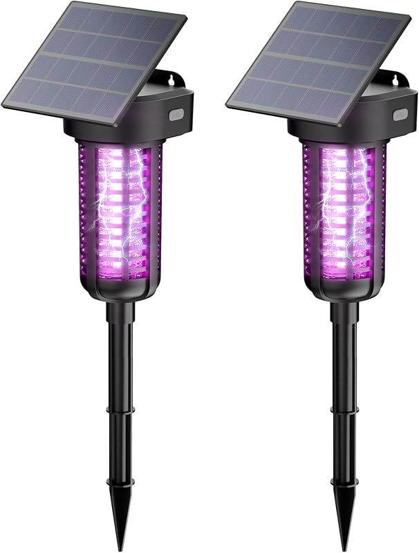 Luz Exterminadora de Insectos con Energía Solar, Paquete de 2 Lámparas Antimosquitos Impermeables para Exteriores, Exterminador de Mosquitos Inalámbrico con Encendido/Apagado Automático,Negro