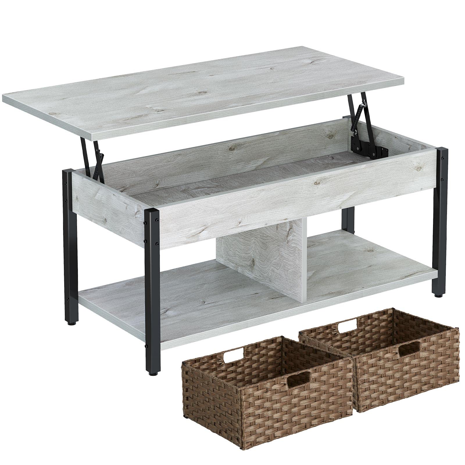 Photo 1 of Rolanstar Lift Top Coffee Table with Storage and Rattan Baskets, Rustic Wood Raisable Top Central Table for Living Room, Hidden Compartment Shelf Tabletop and Metal Frame, Grey