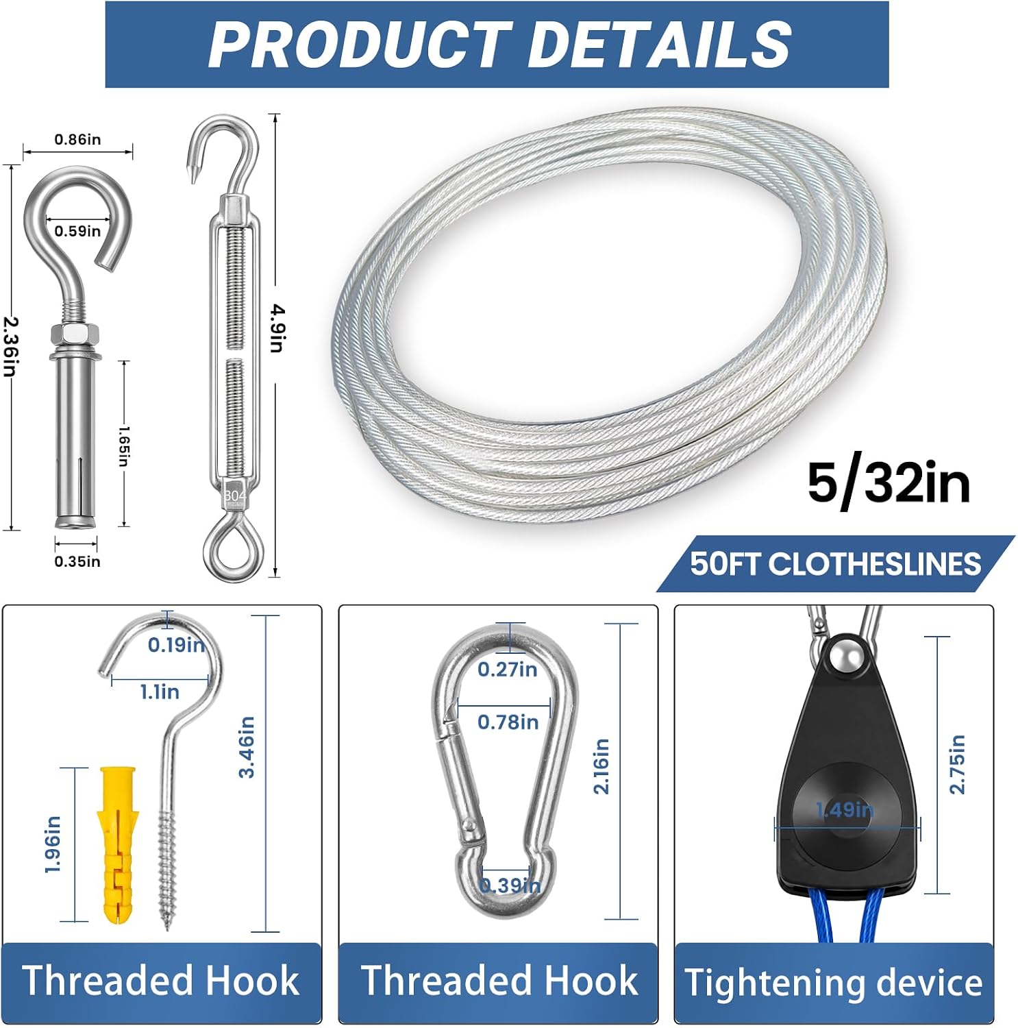 50FT Outdoor Clothesline Wire Rope System, Adjustable Steel Laundry Line with Pulley & Turnbuckle, Heavy Duty Clothes Line for Backyard, Travel & Outdoor Drying (Clear Coating)