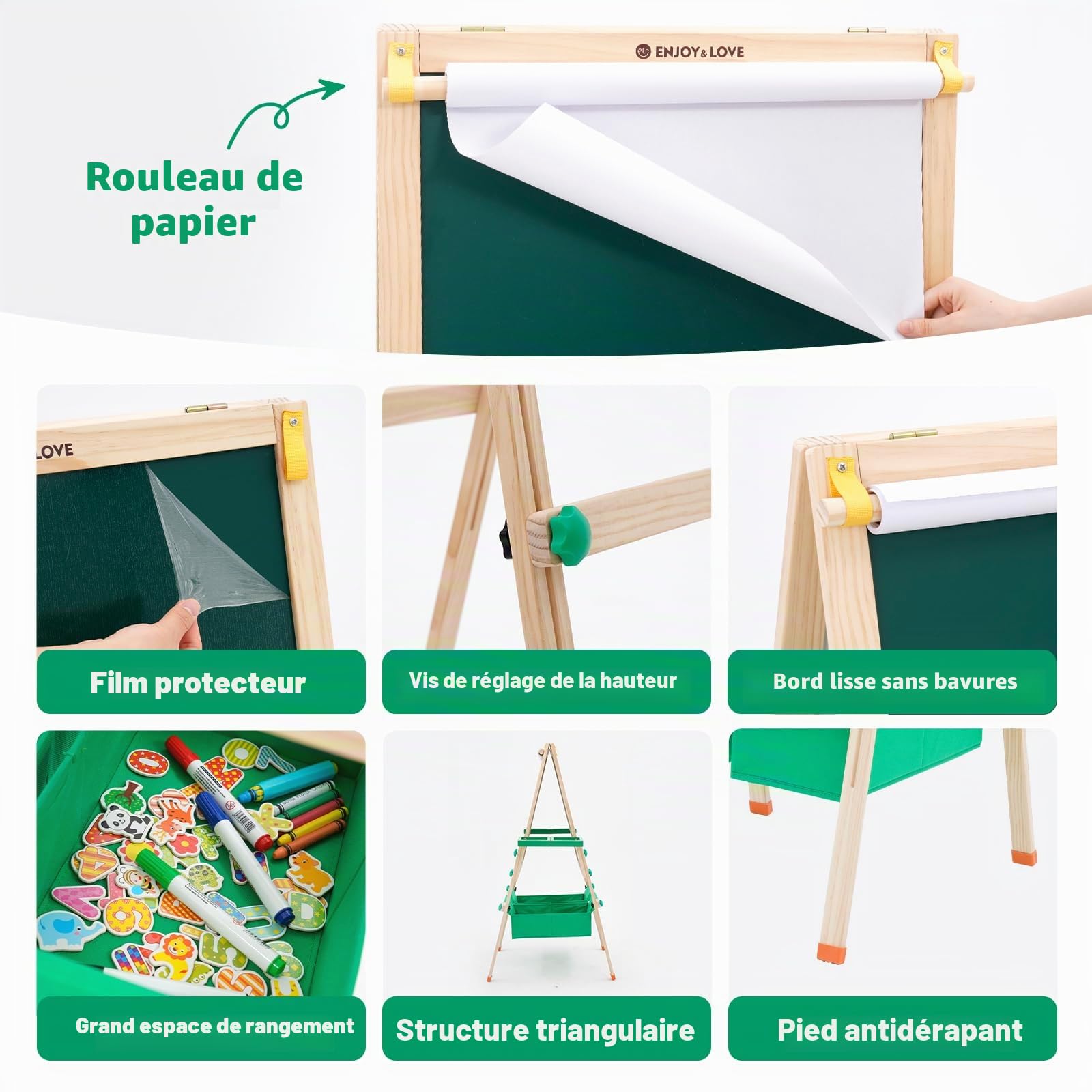 Chevalet Pour Enfants, Chevalet en Bois Réglable en Hauteur Pour Enfants, Plateau Pour Enfants Double Face avec Support de Rangement, Rouleau de Papier, Tableau Blanc,Lettres Magnétiques, Pliable