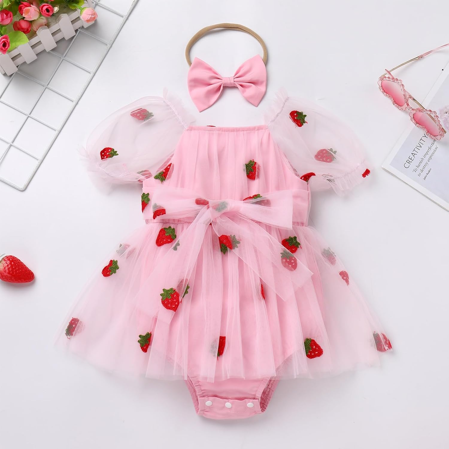 ODASDO Baby Girl First Birthday Party Dress Cake Smash Outfit Newborn Princess Tulle Tutu Romper Puff Short Sleeve Bodysuit - Image 3