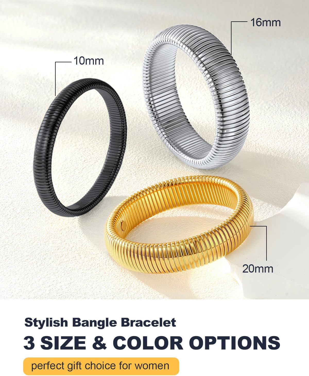 U7 Stretch Bracelets for Women Stainless Steel 18K Gold Plated Bangle Bracelets,Non Tarnish Link Bracelets,10mm,16mm,20mm - Image 8