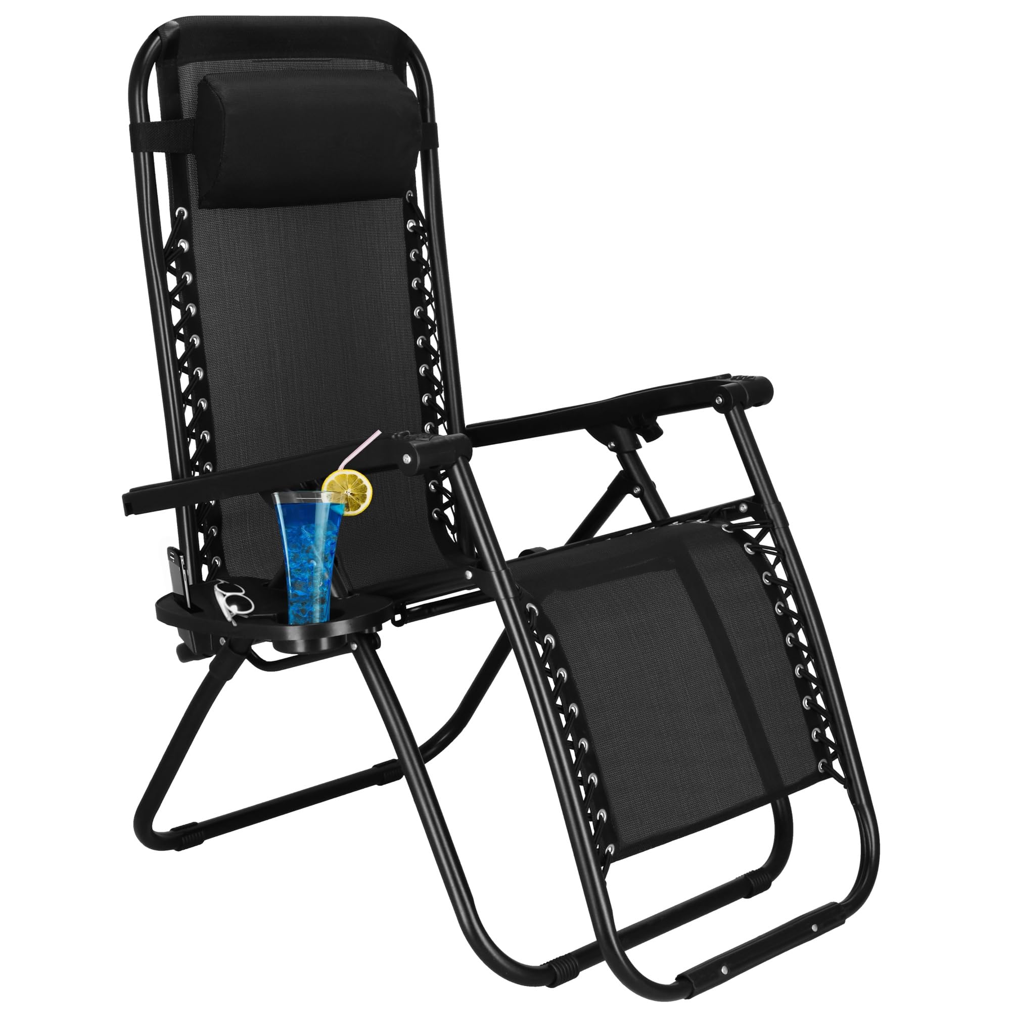 SPRINGOS - Lettino da Giardino Pieghevole con Poggiatesta, Tavolino Laterale, Braccioli, e Borsa a Tracolla, Lettino Prendisole per Esterni, Relax in Giardino e Terrazzo, Nero