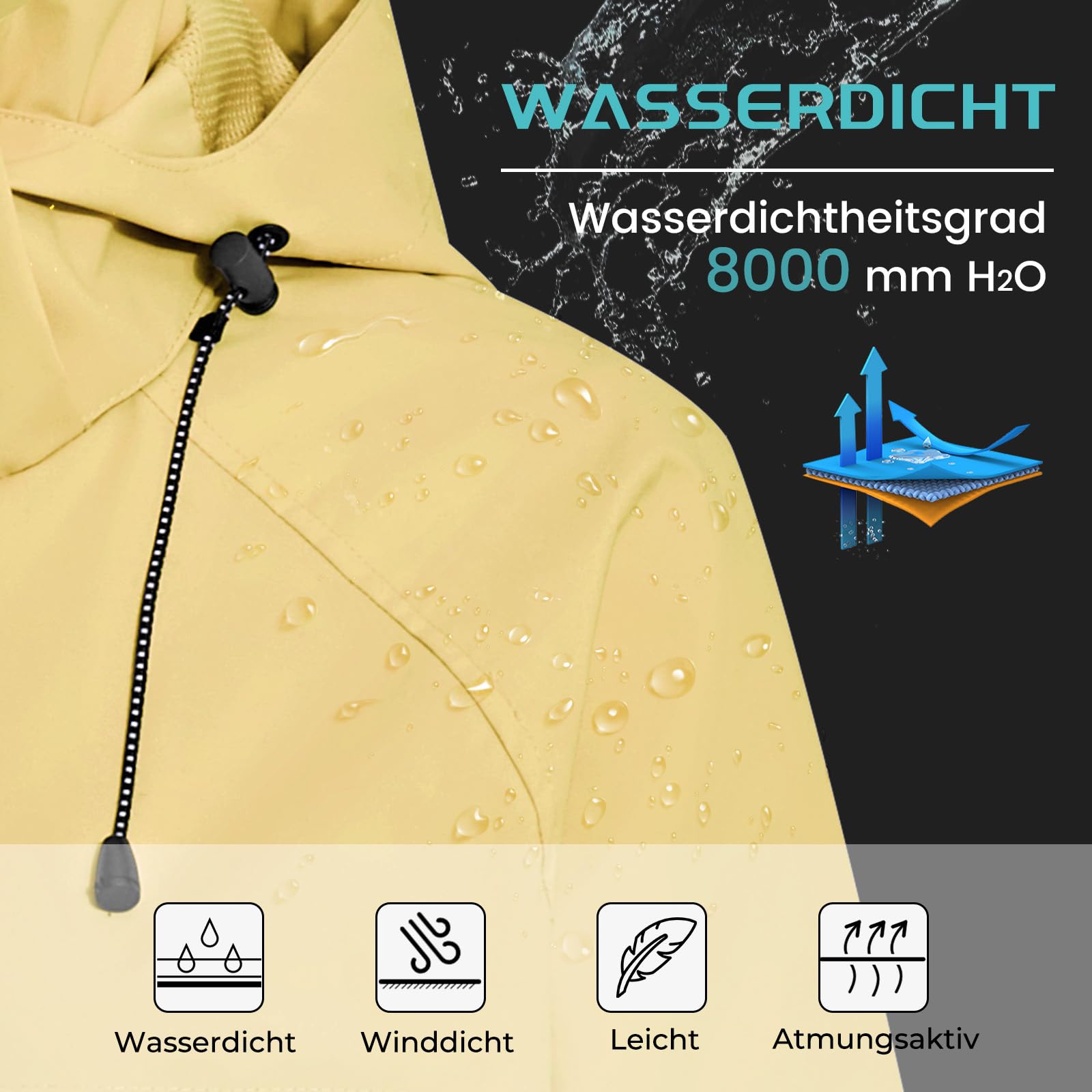 PONCEAU Damen Wasserdicht Regenjacke Leichte Wasserdicht Outdoorjacke Atmungsaktiv & Winddicht, Verstellbare Kapuze & Ärmelbündchen zum Wandern Reisen Treking Fahrrad