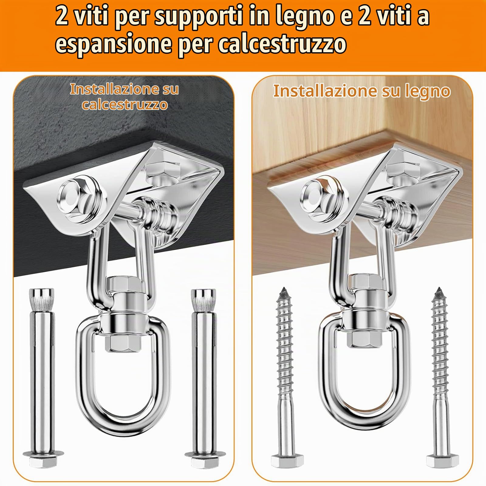 2 Pezzi Gancio Soffitto Acciaio Inossidabile 450kg Capacità, Supporto Sacco Boxe Girevole 360°con Viti Bulloni per Cemento e Legno, Gancio Carichi Pesanti per Altalena, Amaca, Yoga, Sedia Sospesa