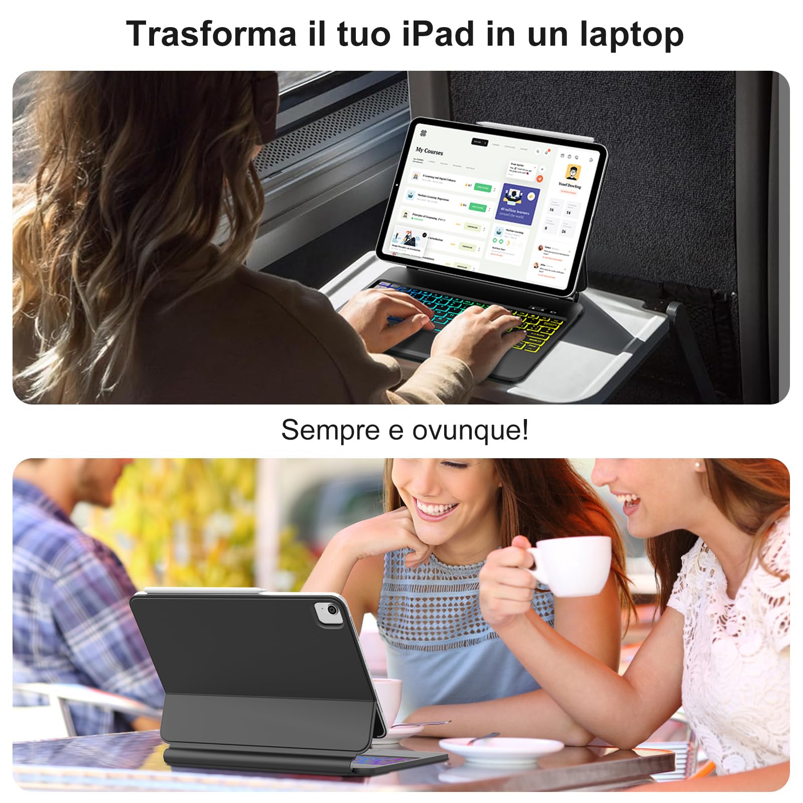 Per iPad Air 11 M4 2026/M3 2025/M2 2024 e Pro 11/Air 5/4 Gen Magic Keyboard | Retroilluminazione a 7 Colori Cover Tastiera Wireless Portatile con Supporto Flottante e Trackpad per Ufficio/Studio, Nero