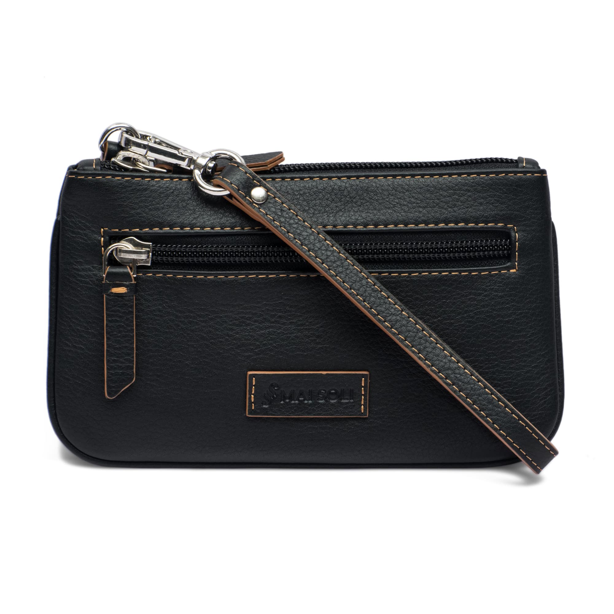 mai soli Virginia Small Sleek Wristlet Womens Hand Pouch | Leather Cosmetic Organizer Pouch | Everyday Essentials Zip Wallet | Utility Portable Travel Pouch for Women's - Black-picture-22