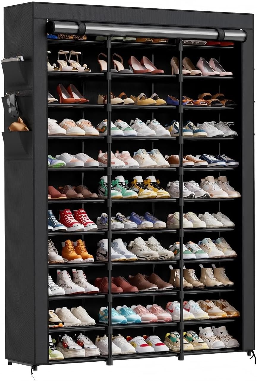 72 Pairs Large Capacity Shoe Rack with Cover, 12 Tiers 3 Row Tall Metal Shoe Shelf Organizer, Sturdy Stackable Storage for Entryway Closet Bedroom, Black