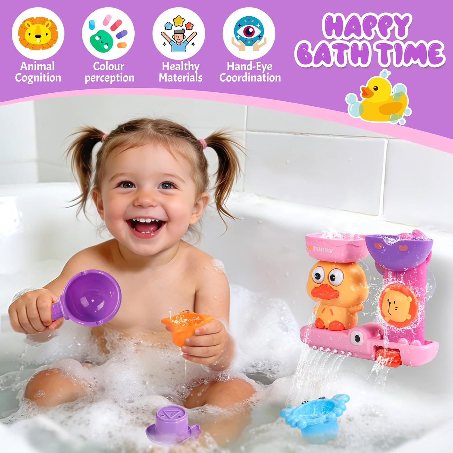 Baby Bath Toys for Kids Ages 1-3 Interactive Toddler Bath Toys Duck Learning Mold Free Shower Tub Toys for 1+ Year Old Girl Gifts with 3 Stacking Cups & 1 Water Spoon(Pink)