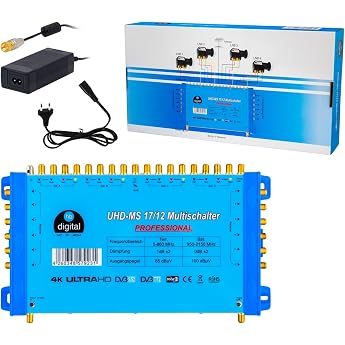 hb-digital 17/12 Multiswitch with External Power Supply for 12 Subscribers and 4 Satellites - Only Suitable for Quattro LNB UHD 4K Full HD DVB-S/S2 - Terrestrial Input - Gold Plated F Connectors