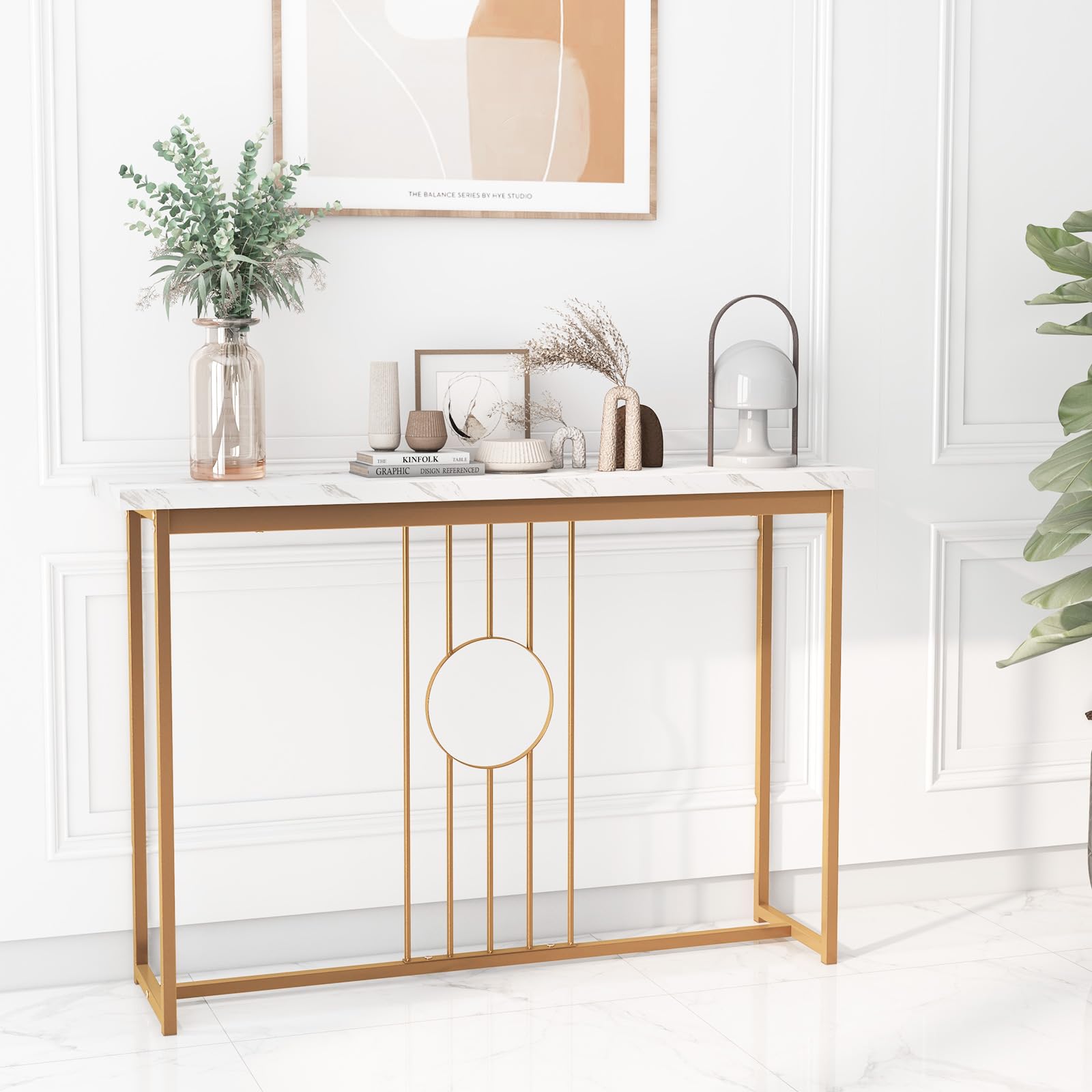 COSTWAY Tavolo Consolle 120CM, Tavolo Moderno con Piano Effetto Marmo, Struttura in Metallo Robusto e Piedini Regolabili, Tavolino da Divano per Soggiorno, Corridoio e Ingresso