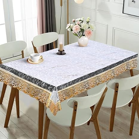 Viva Luxury Furnishings Clear Tablecloth Printed Bubble Designed Table Cover with Embroided Floral Lace for 4 Seater Dining and Coffee Table Cloth (Transparent/Gold, 40 x 60 Inch, 1Pc)