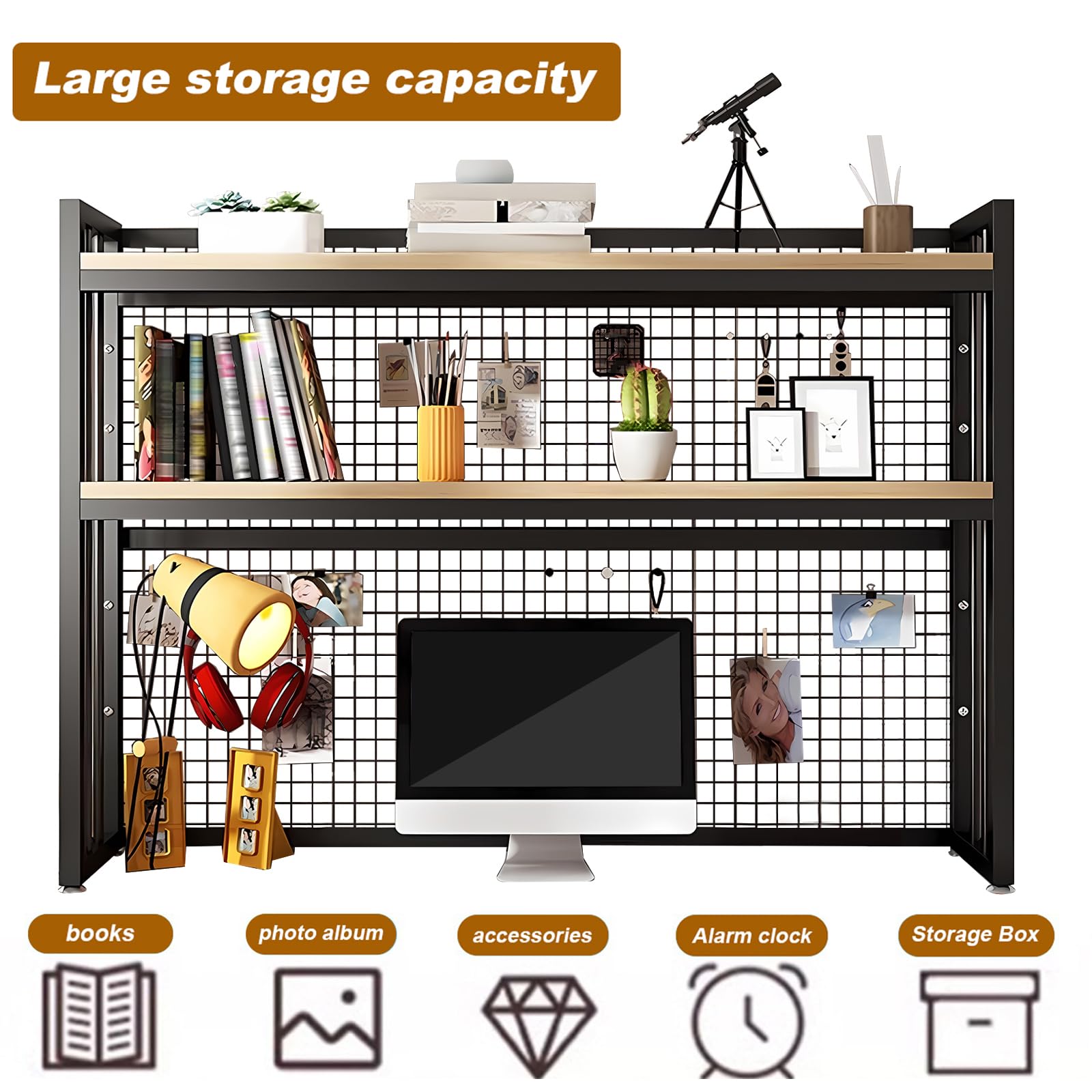 Schreibtisch Bücherregal 3 Etagen Verstellbar Perfekter Regal Organizer Tischregal für Computertisch, Holz und Metall Monitorständer Groß für Büro Zuhause Arbeitszimmer Wohnheim (B, 75cm)