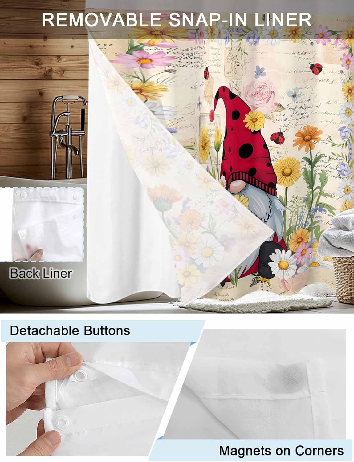 Gnomes No Hook Shower Curtain with Snap in Liner Set,Rose Daisy Floral Flower Country Farmhouse Waterproof & Washable Fabric,See Through Mesh Top Window Bath Curtain for Bathroom Bathtub Hotel 48"x72"