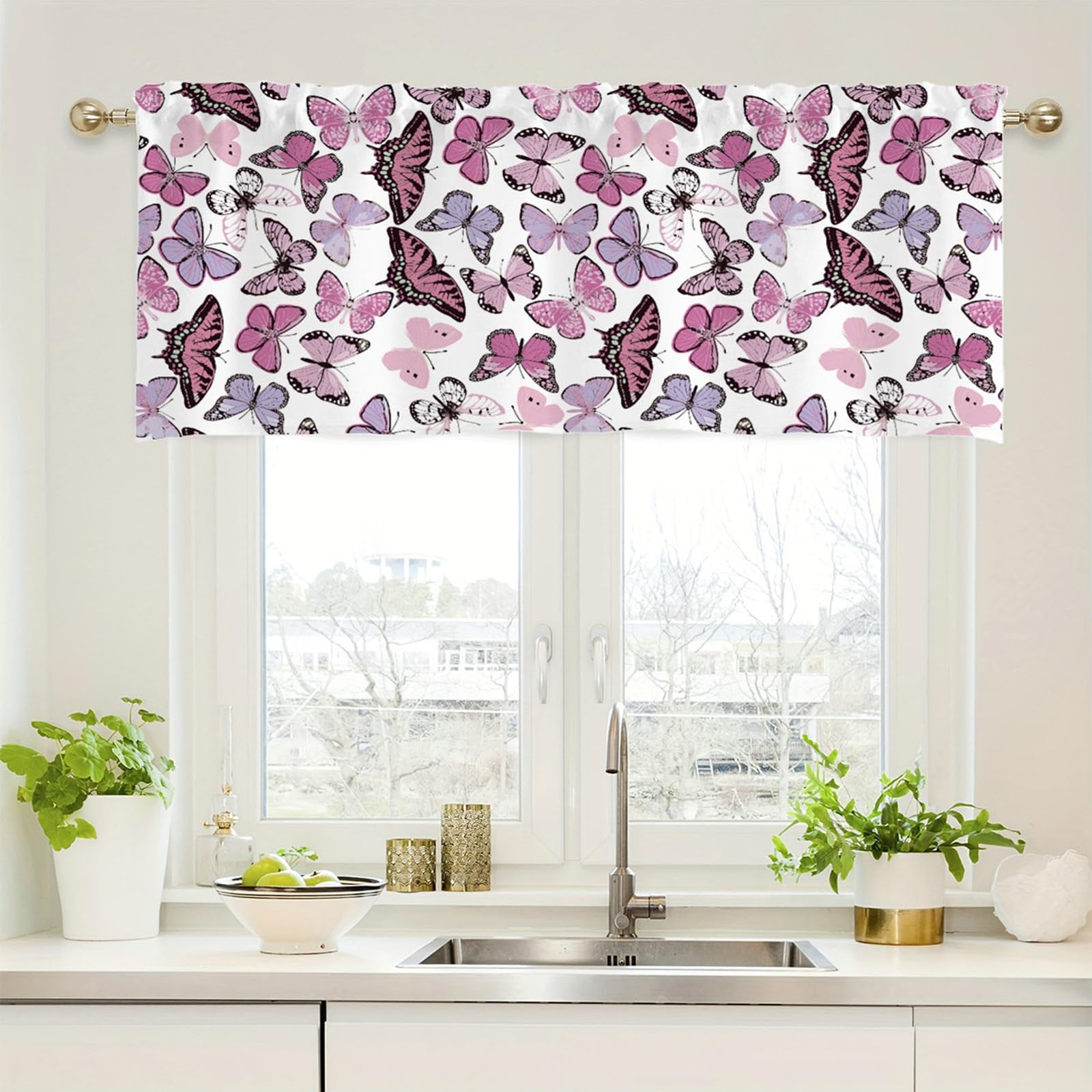 Visillo rústico para cocina y dormitorio opaco con diseño vintage de mariposas rosas