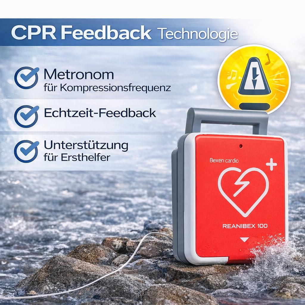 Reanibex 100 AED Defibrillator 2026 vollautomatische Schockauslösung, für Zuhause, im Betrieb, Kleinkindertaste, Ladezeit 0 Sekunden, 7 Jahre Garantie, Sprache DE/UK/FR, Erste-Hilfe Set