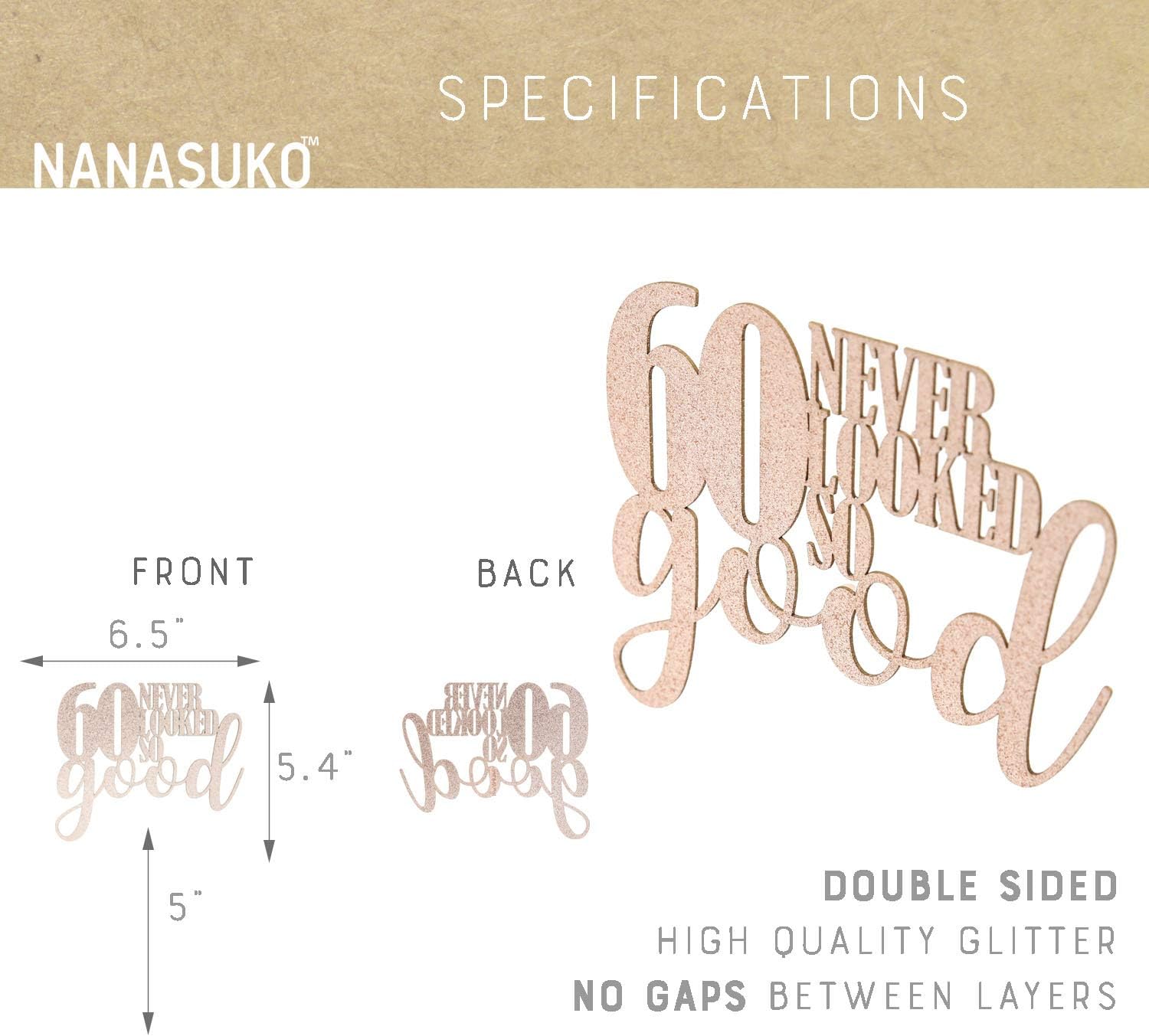 60th Birthday Cake Topper - 60 never looked so good - Double Sided Rose Gold Glitter - Premium quality Made in USA image 2
