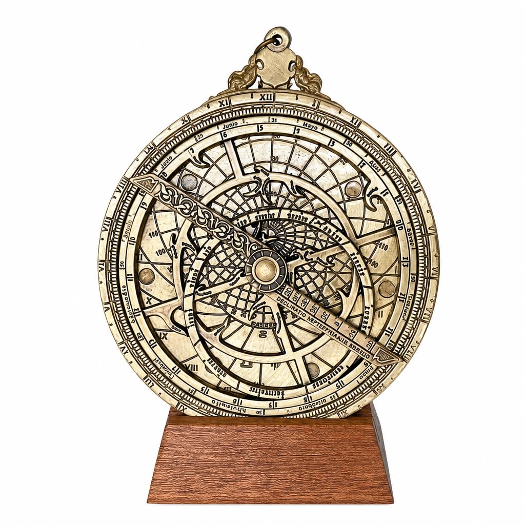 Astrolabio Planisferico LHV 10 cm - Replica Historica de Instrumento Astronomico de Laton con Base de Madera. Calculado para 50 Grados de Latitud por el Dr. Luis Hidalgo Velayos