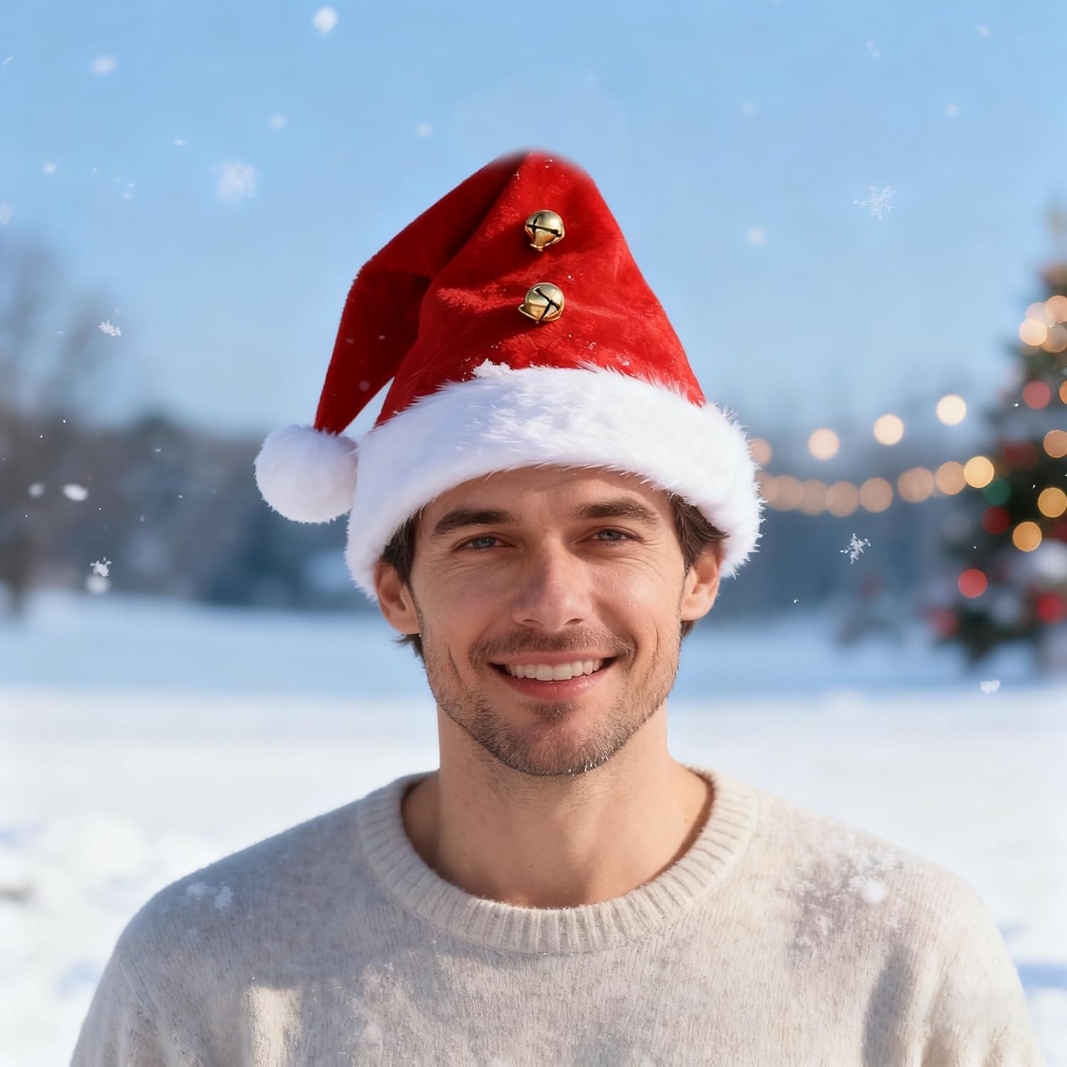 Santa Hat with Bell Furry Trim Christmas Hat Unisex Holiday Party Xmas Costume Cap Christmas Party Decoration Headwear - Image 5