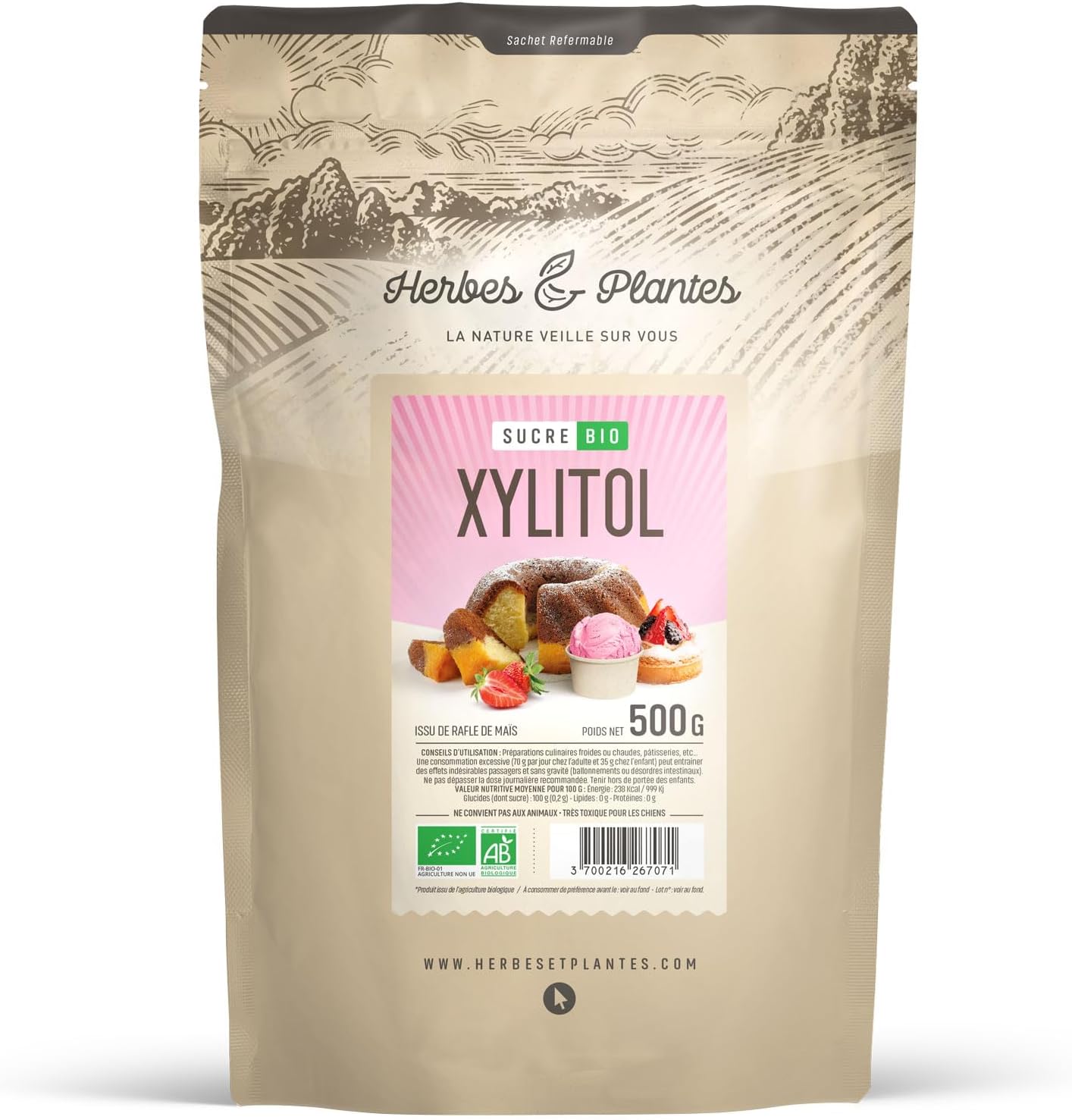 Xylitol Bio 500g Sucrant naturel, Faible en calories, substitut de