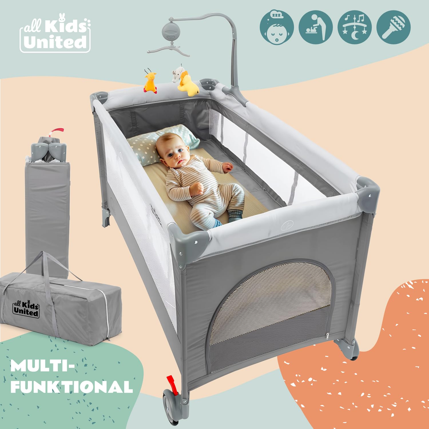 all Kids United Baby Reisebett Babybett mit Matratze, Wickelauflage, Musikspiel und Mobile Grau