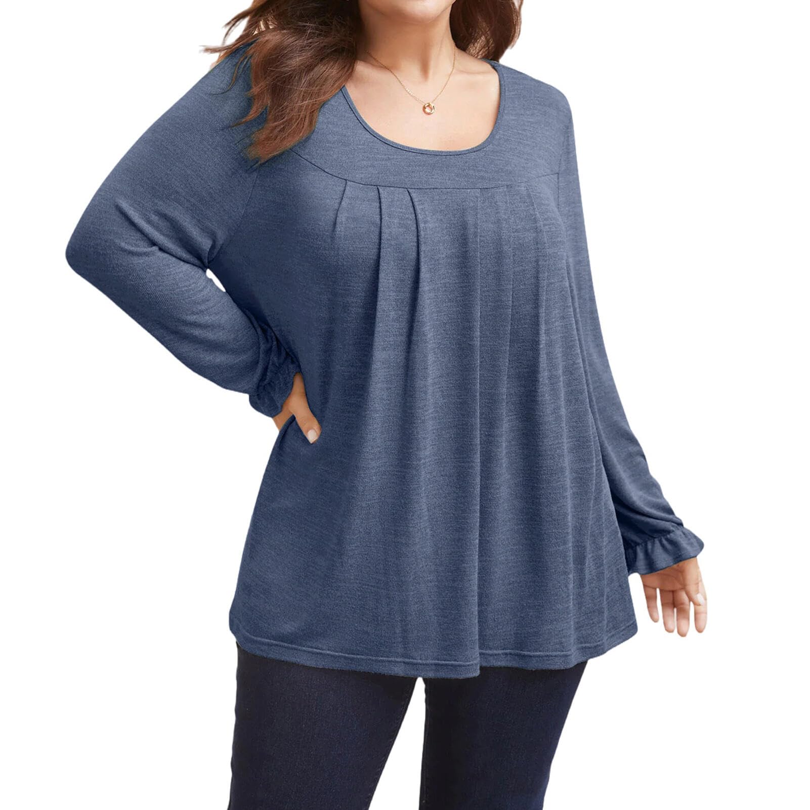VNIRA Plus Size Long Sleeve T Shirt for Women Oversized Crew Neck Loose Fit Pleated Spring Fall Casual Tunic Top