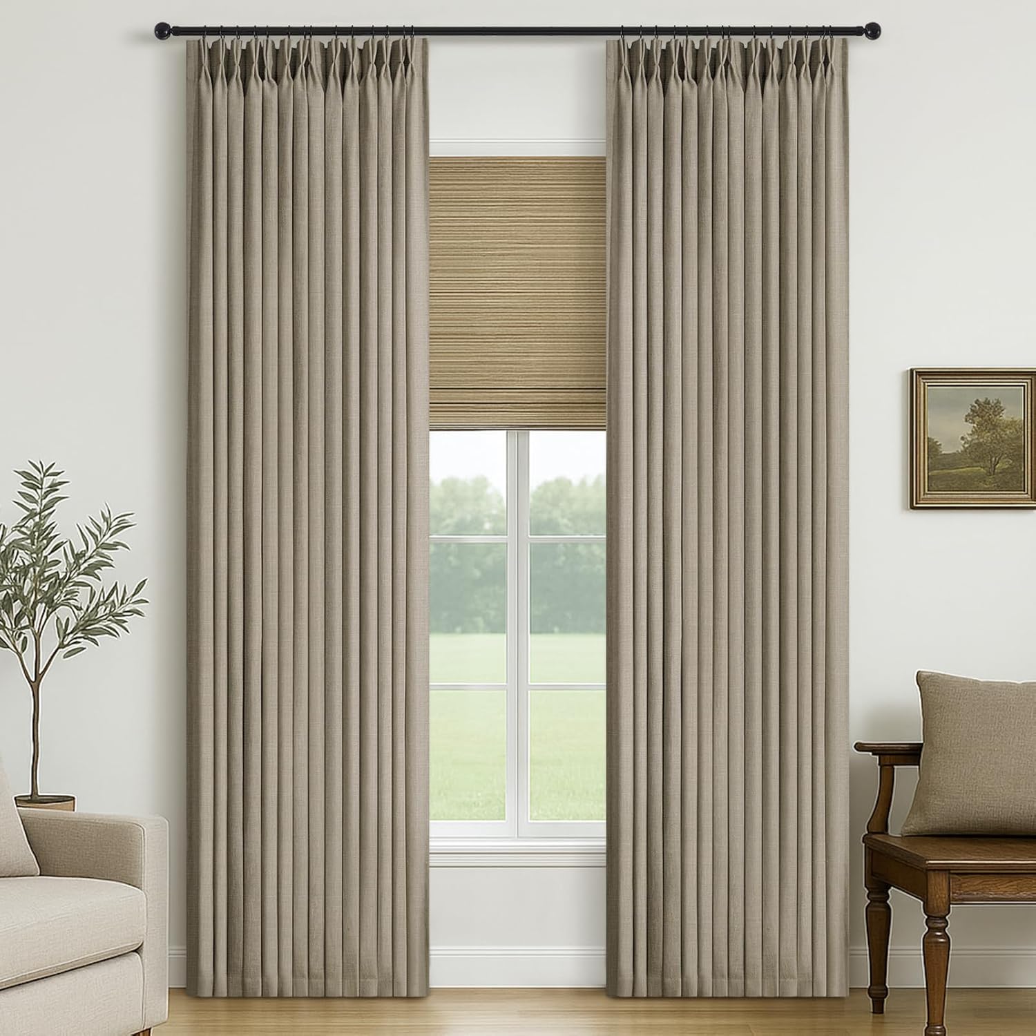 Burlap Flax linen Curtains Pinch Pleated 84 Inch Long 2 Panels for Living Room Bedroom Taupe Thick Linen Textured Semi Sheer Rustic Farmhouse Back Tab Pleat Drapes With Hooks Floor to Ceiling Curtains