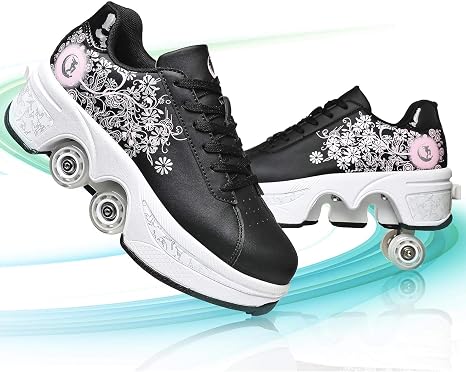 Chaussures Skate Garçons Filles Chaussures à Roulettes Rétractables Enfants - 2 En 1 Basket/Roller - 4 Roues TPU - Taille Adjustable Baskets à Roues