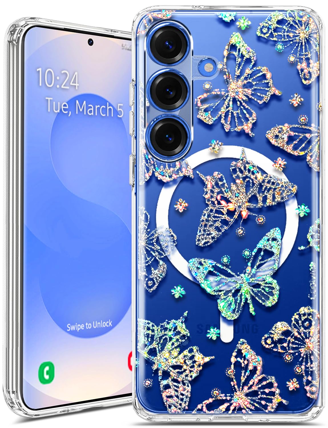 Funda magnética para Samsung Galaxy S25 Plus, compatible con MagSafe, bonita para mujeres y niñas, funda protectora de grado militar de 10 pies para Galaxy S25 Plus, funda con purpurina,