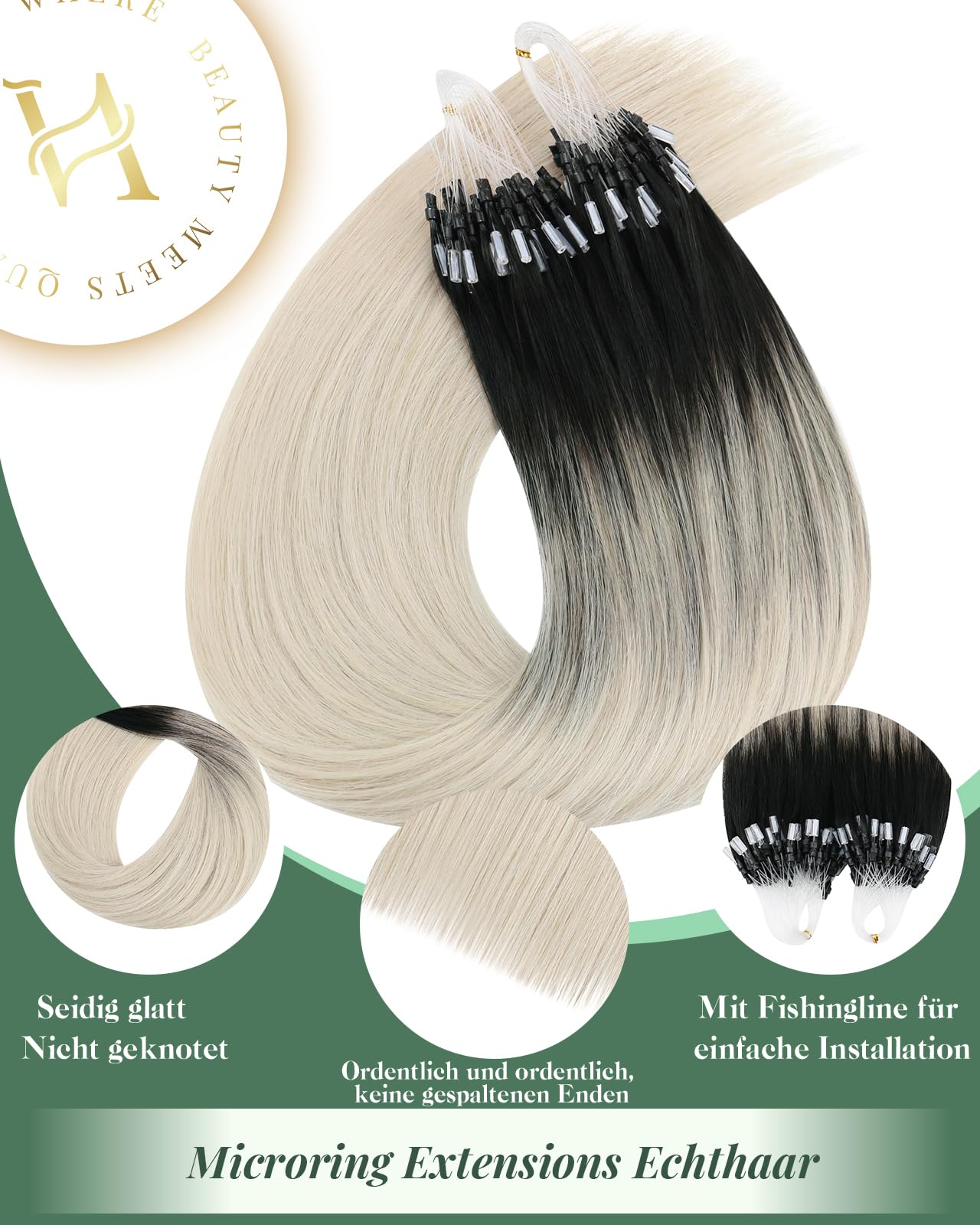 Ugeat Dopinki z mikro-ringami, prawdziwe włosy, blond, ombre, 40 cm, mikro-ringi, prawdziwe włosy, mikro-ringi, ombre, blond, mikro-50 g, 50 s, 1B/60A