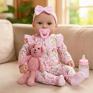 GOAROY 17 Inch Realistic Reborn Baby Doll Girl - Soft Cloth Body, Poseable Limbs, Bottles, Pacifier, Diapers for Ages 3+ Toddler Play