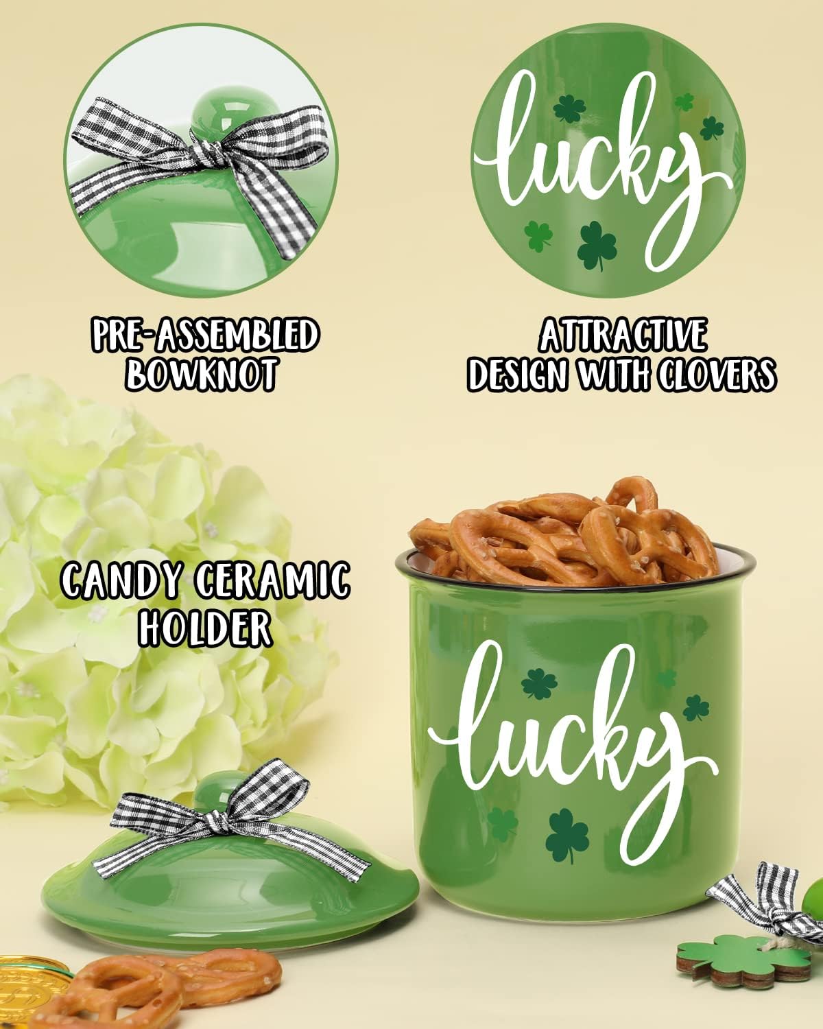 Nefelibata Irish/St. Patrick's Day Green Ceramic Canister Jar - St. Patrick's Day Decor - Lucky Shamrock Canister - Buffalo Plaid Bowknot - Candy Holder - Table Centerpiece - 4.9" H x 3.7" W